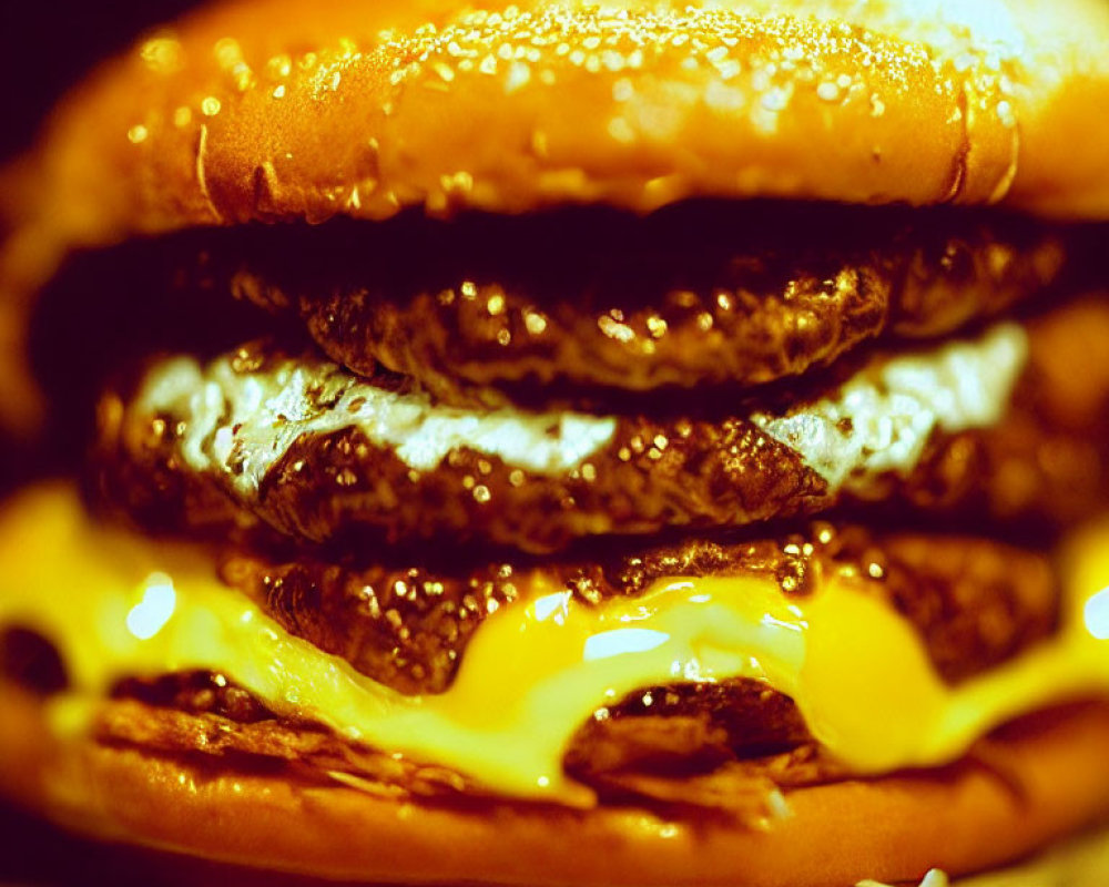 Detailed close-up of a multi-layered cheeseburger under warm lighting