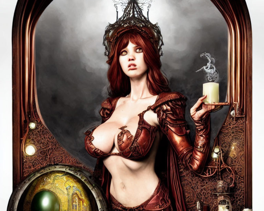 Fantastical female figure in crown and armor with mystical backdrop and glowing orb.