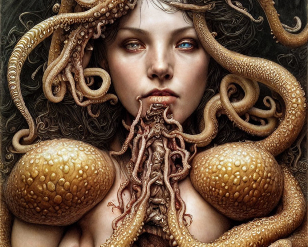 Woman with Octopus Tentacles in Hair: Mythical Medusa-Like Image