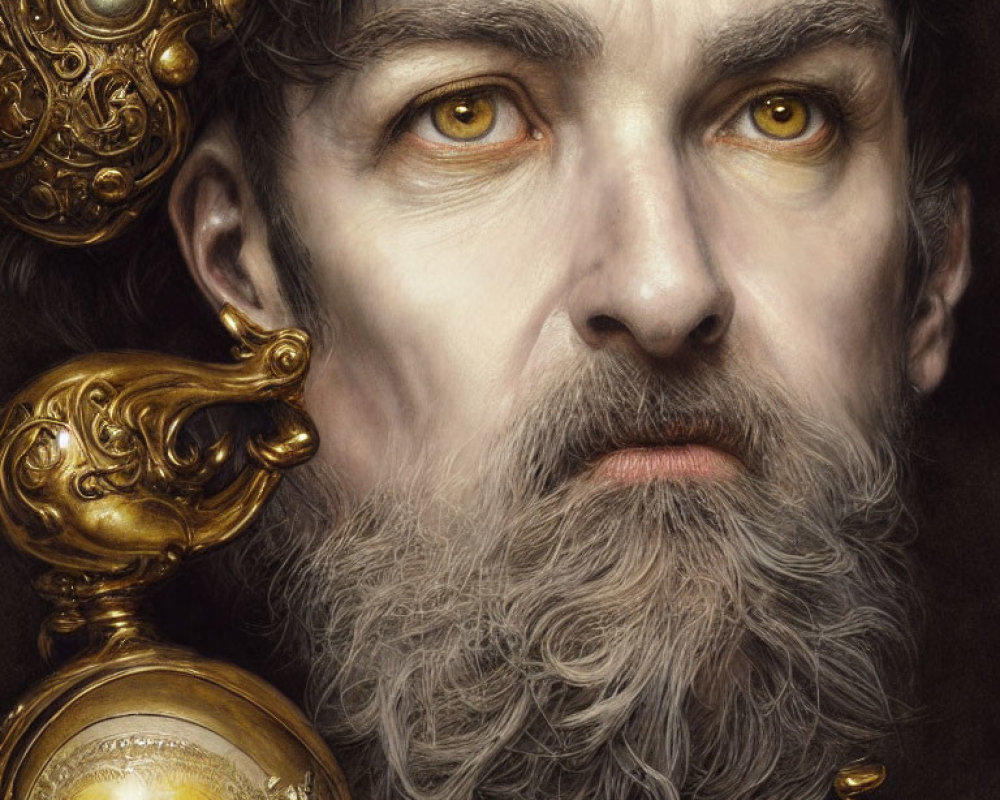 Bearded man in golden armor with steely eyes and grey beard