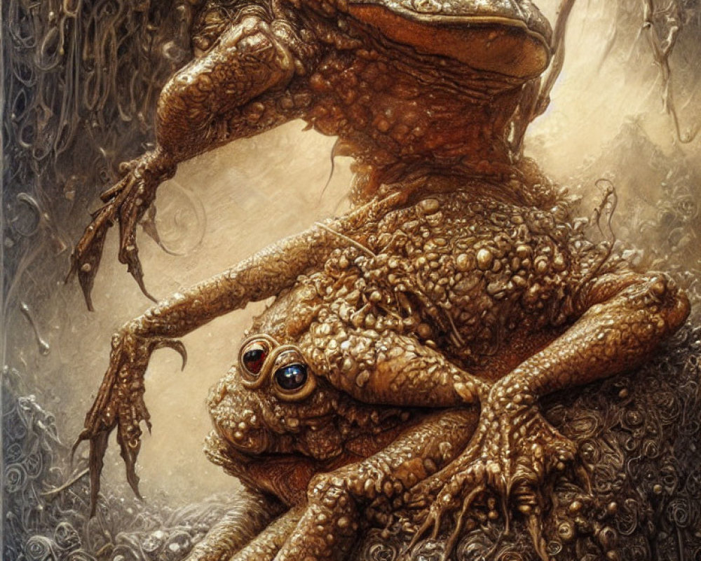 Detailed Fantasy Illustration: Two Toads on Ornate Background