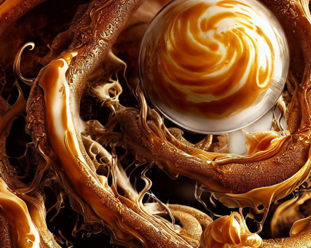 Swirling Caramel and Chocolate Textures with Creamy Marble-like Sphere