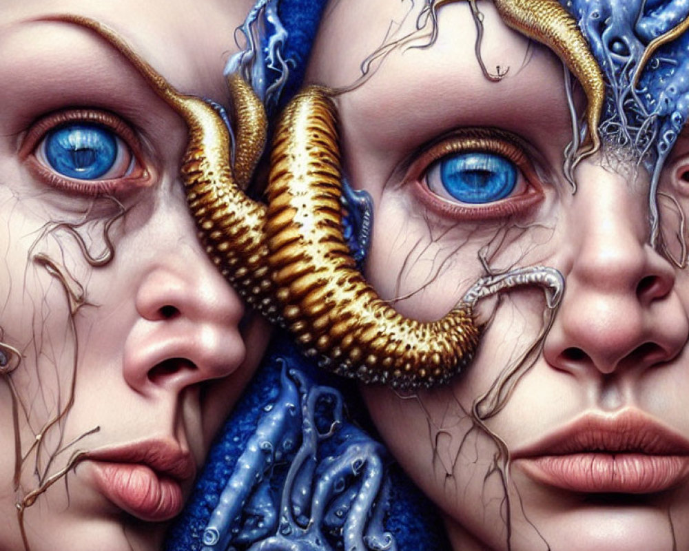 Surreal Artwork: Two Faces with Blue Eyes, Golden Millipede, and Tentacle