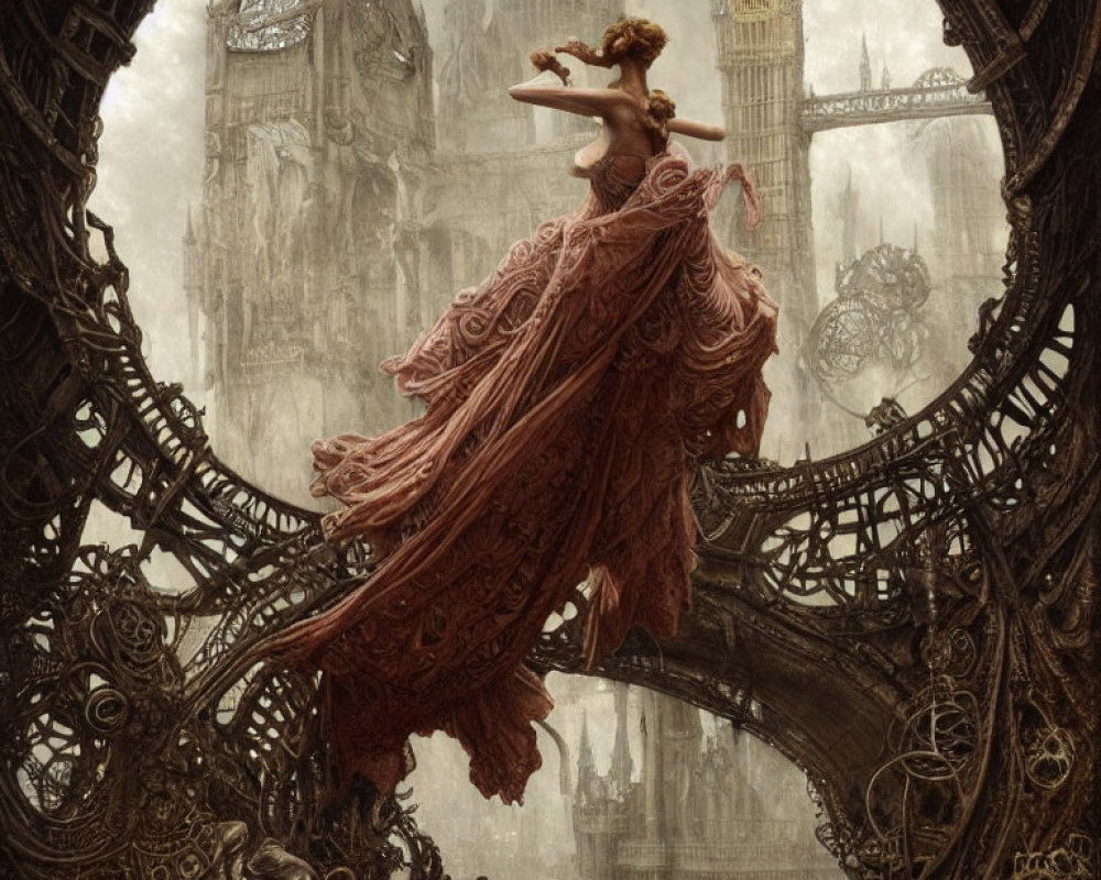 Woman in pink gown dances among gothic gears with Big Ben in steampunk fantasy scene