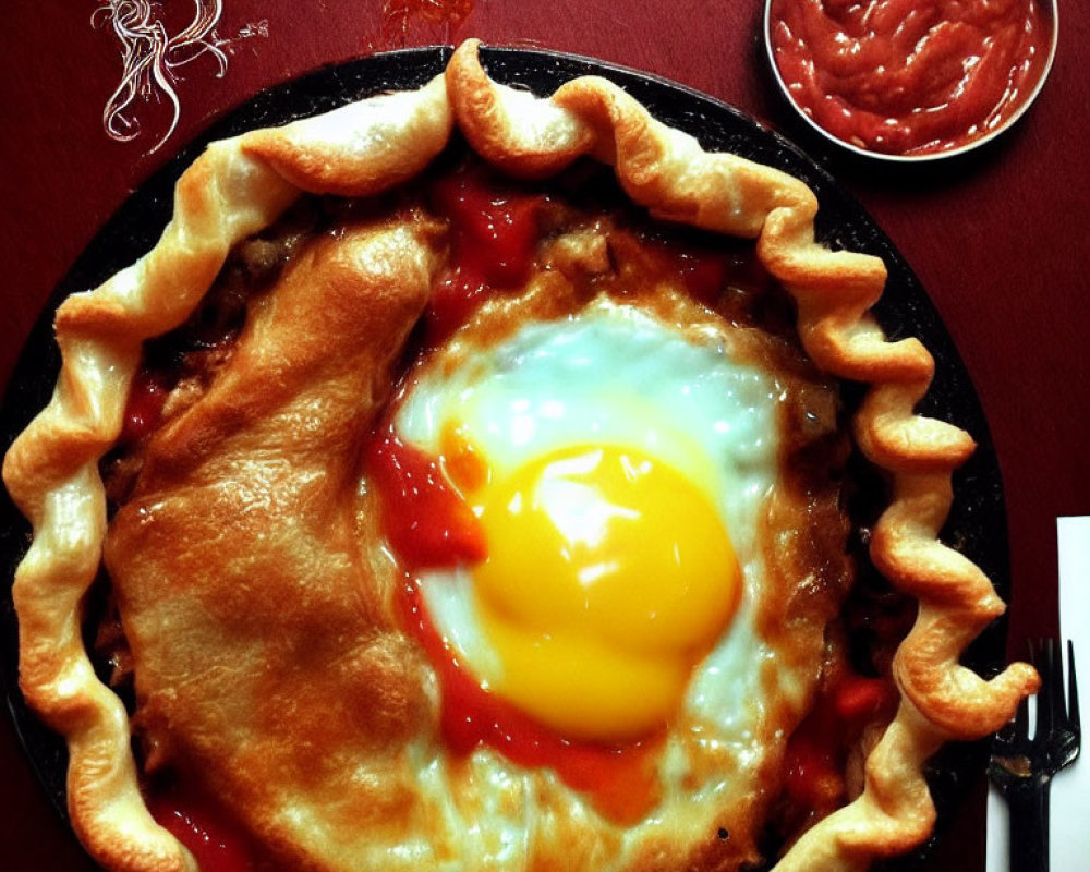 Freshly Baked Pie with Sunny-Side-Up Egg on Fluted Crust and Sauce on Red