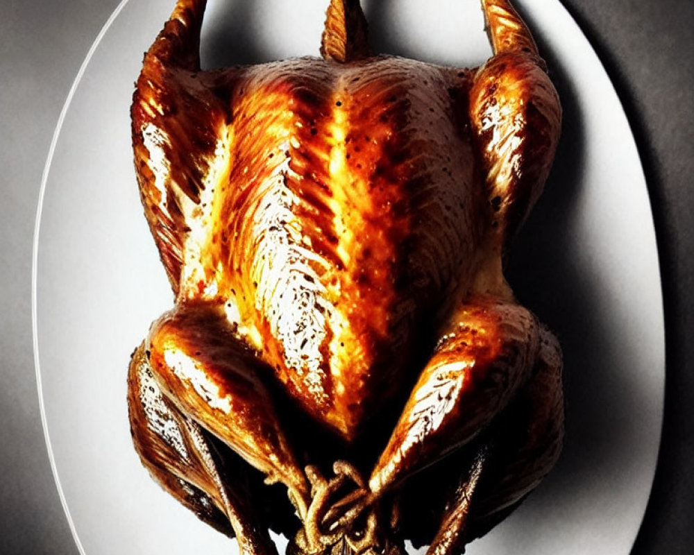 Golden-brown roasted turkey on white plate with tied legs on dark surface