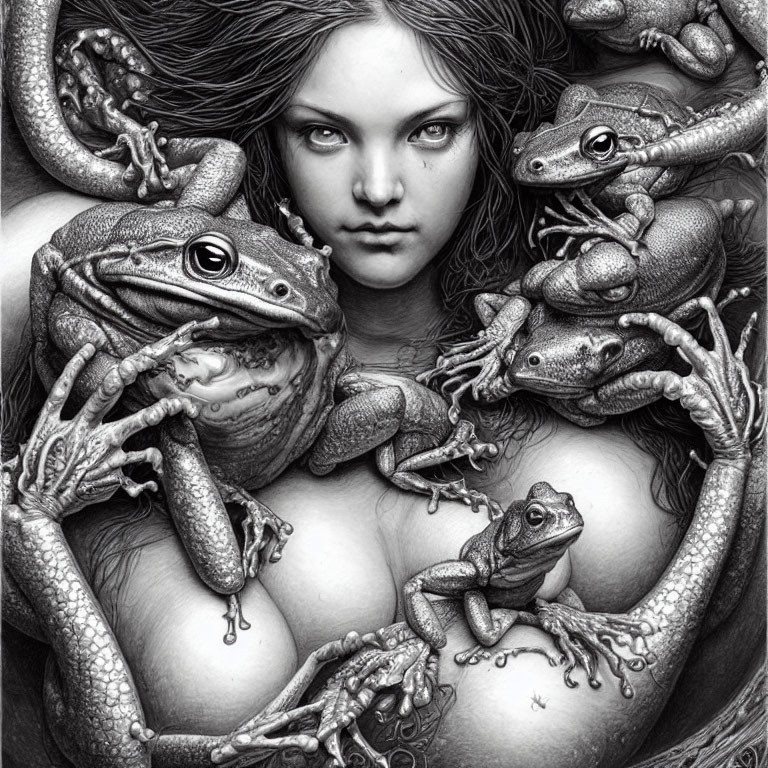 Monochromatic image of woman with frogs in natural theme