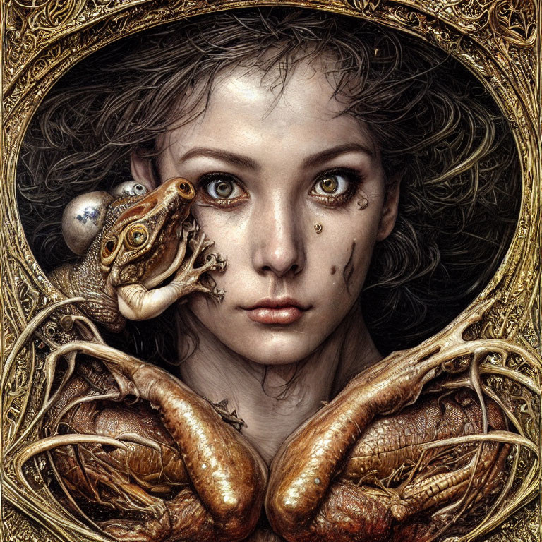 Fantasy artwork of woman with striking eyes, frog on shoulder, ornate circular pattern