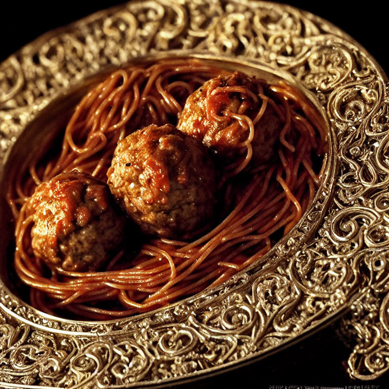 Spaghetti with Meatballs in Marinara Sauce on Silver Platter