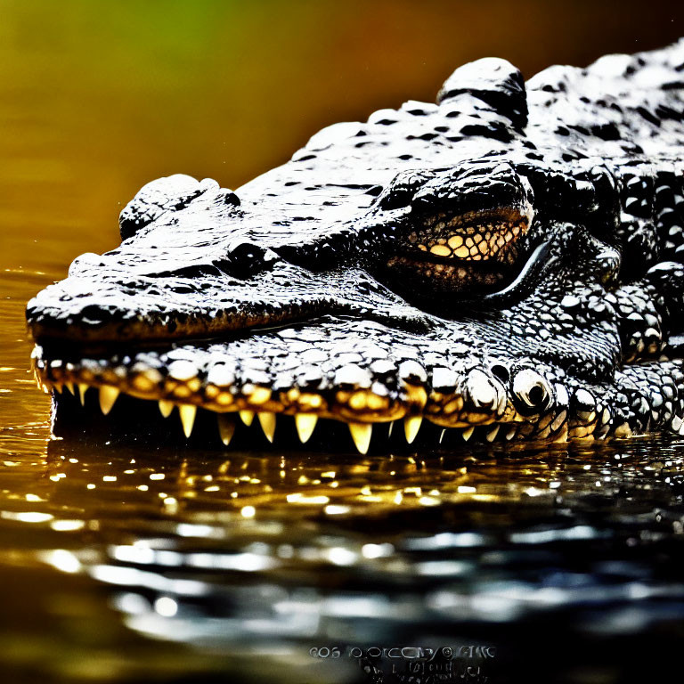 Detailed view of a crocodile's head with sharp teeth and textured scales