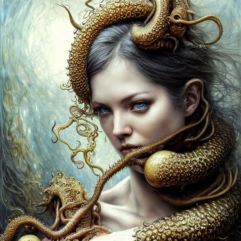 Pale-skinned woman entwined with golden octopus tentacles on blue background