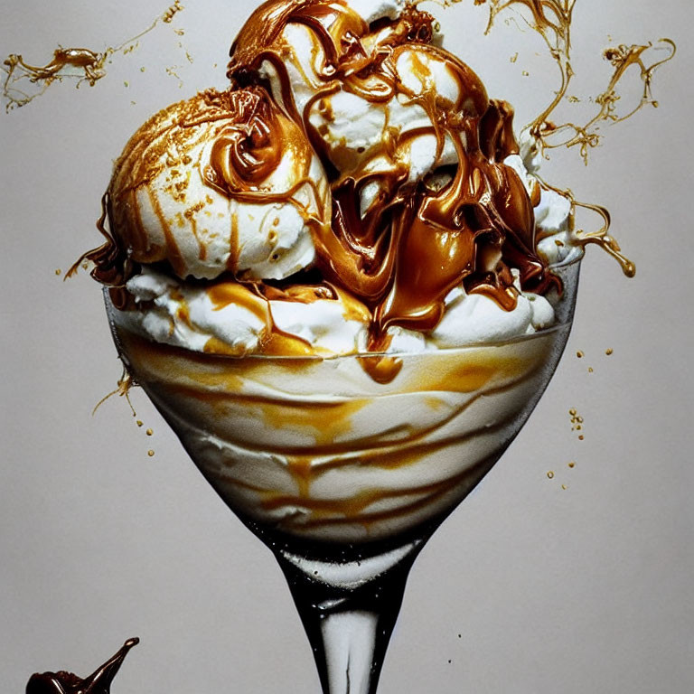 Decadent sundae with vanilla ice cream, whipped cream, and caramel sauce in glass cup