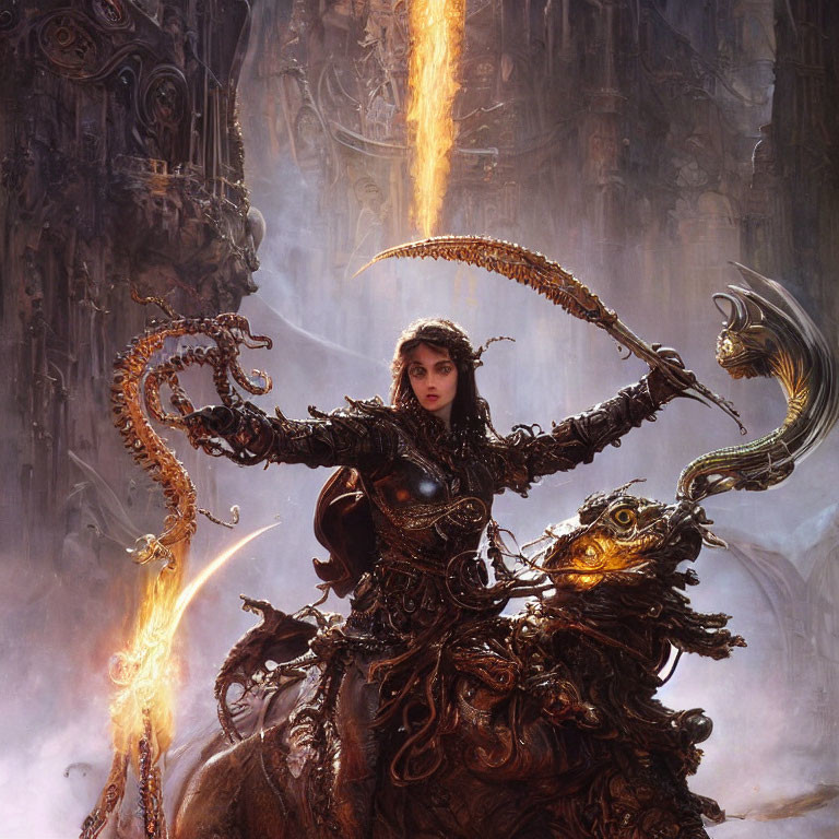 Fantastical warrior woman in ornate armor with glowing whip atop mythical creature by dark castle