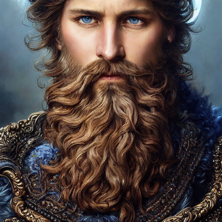 Detailed portrait of a man with long curly beard and ornate armor