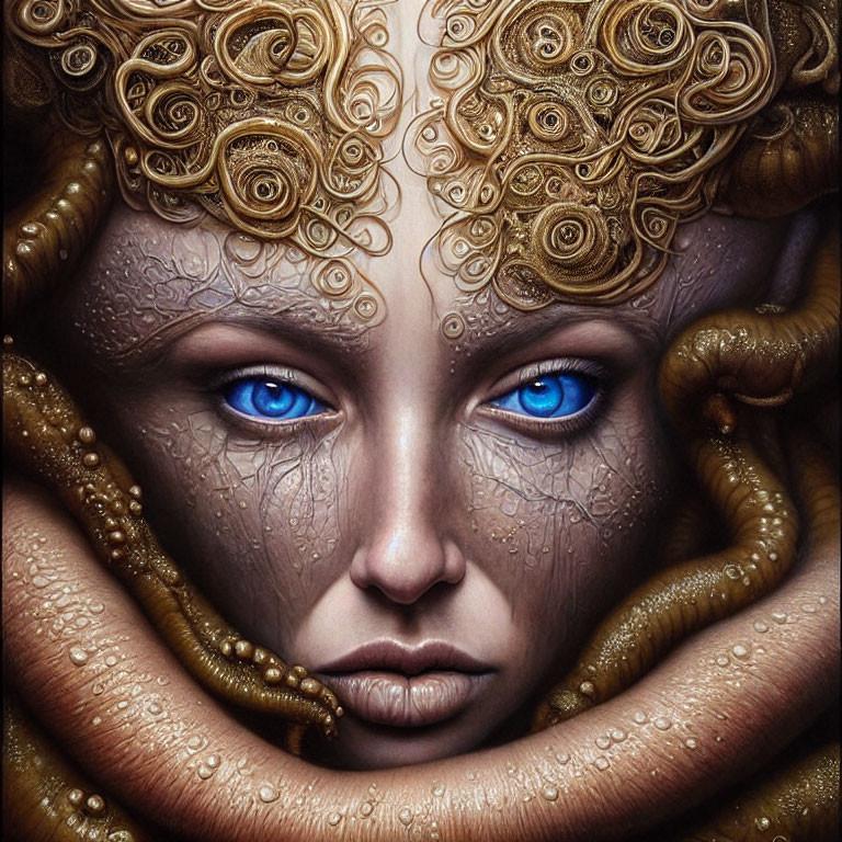 Fantastical female figure with blue eyes and golden hair swirls in close-up digital painting