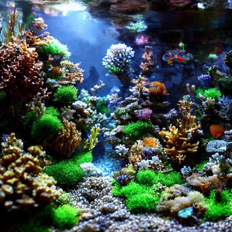 Colorful Coral Reef Aquarium with Tropical Fish and Marine Plants