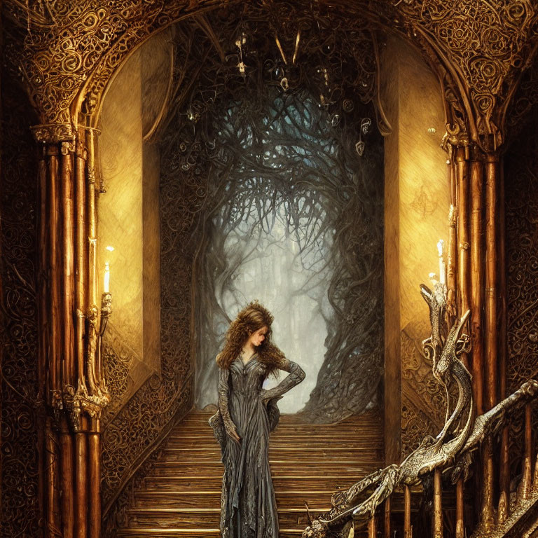 Ornate staircase with woman in flowing dress and mystical tree portal