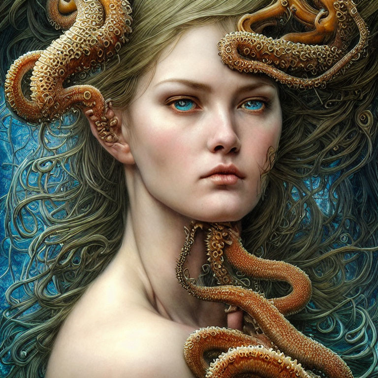 Digital artwork: Woman with blue eyes and flowing hair, adorned with an octopus, blending fantasy and