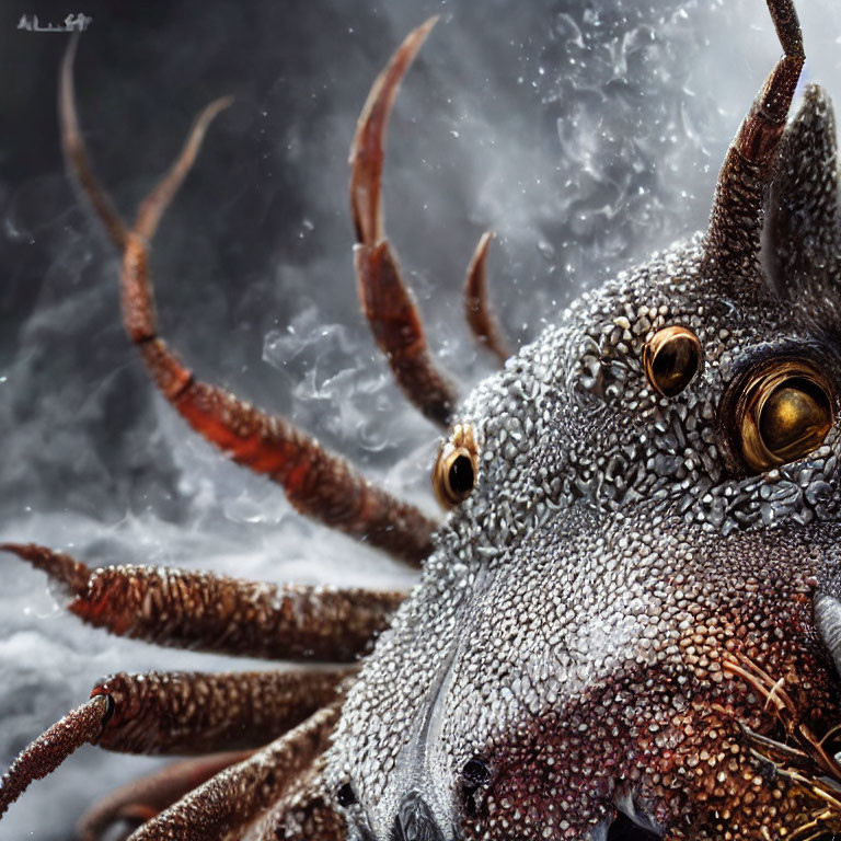 Detailed Close-Up of Surreal Dragon-Like Creature with Textured Skin and Golden Eyes