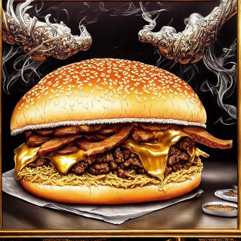 Ornate cheeseburger with bacon, cheese, and patties on dark background