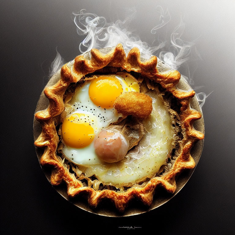 Pie with Crusty Edge and Three Fried Eggs on Dark Background