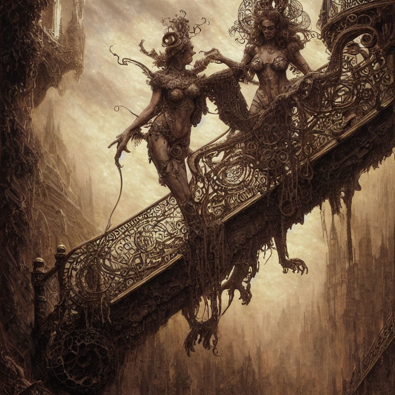 Ornate humanoid figures on decaying gothic balcony