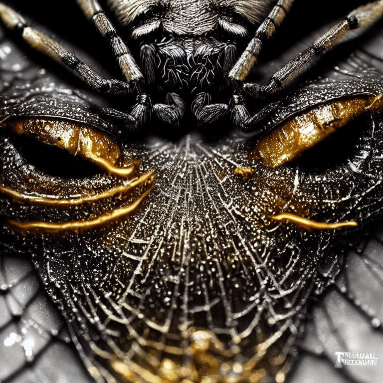 Detailed Close-Up of Spider's Face and Forelegs on Dew-Covered Web