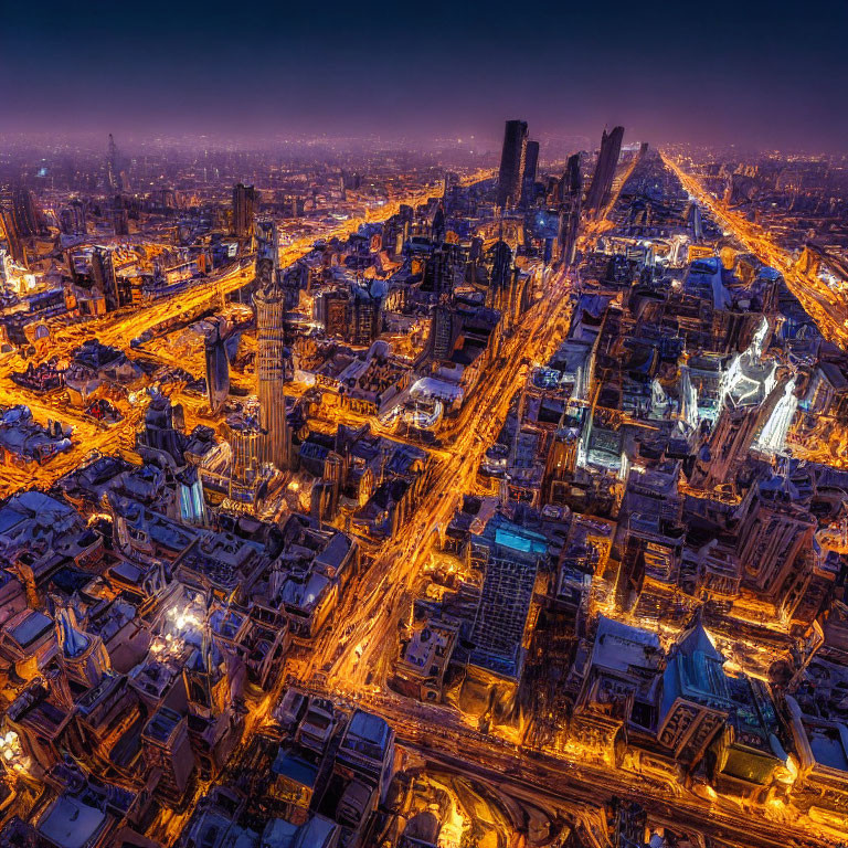 Bustling City Night View with Illuminated Streets & Skyscrapers