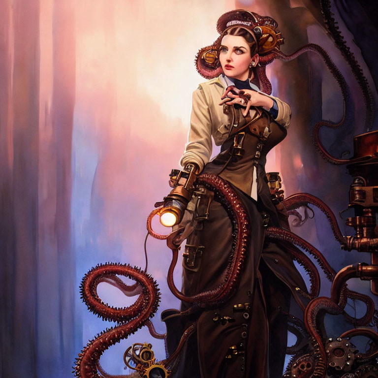 Steampunk-themed woman with mechanical tentacles and lantern on purple backdrop