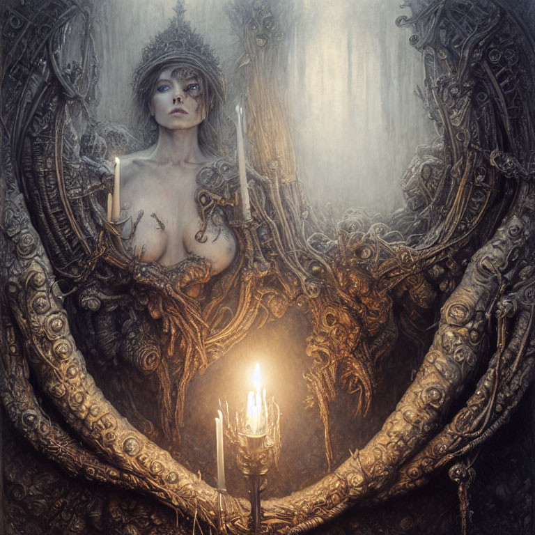 Mystical woman in ornate crown and armor holding a candle amidst intricate dark designs