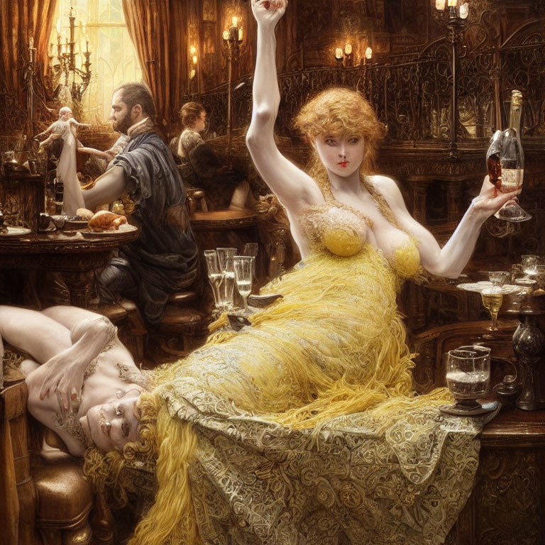 Fantasy Artwork: Opulent Banquet Scene with Woman in Yellow Dress and Bearded Man