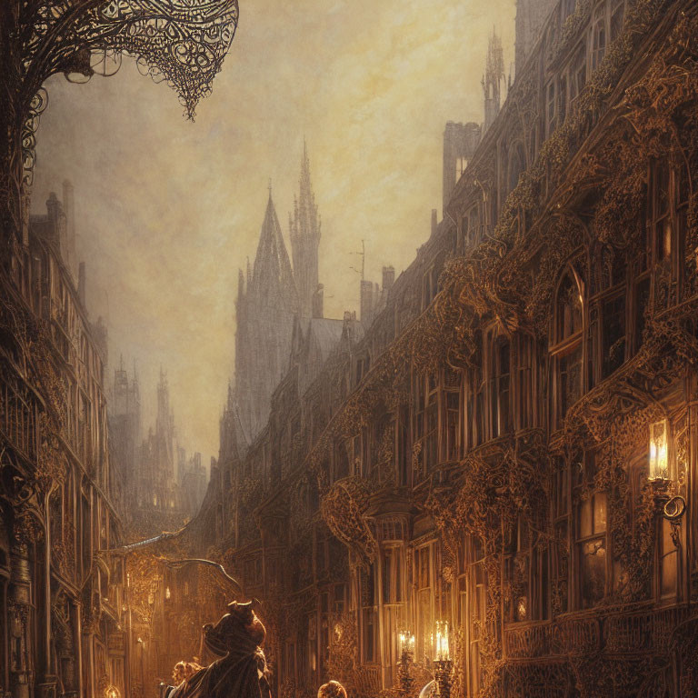 Ornate Gothic street scene with warm street lamps at dusk