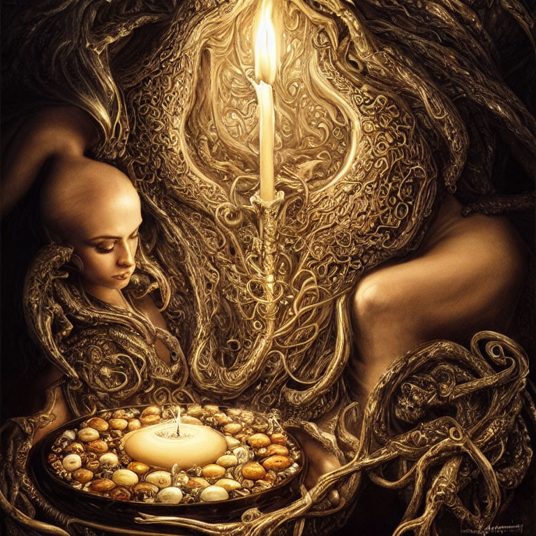 Bald Figure with Lit Candle Surrounded by Golden Patterns