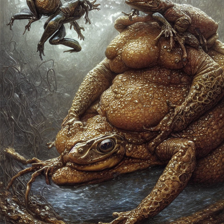 Realistic Giant Toad with Smaller Toads in Dark Moody Setting