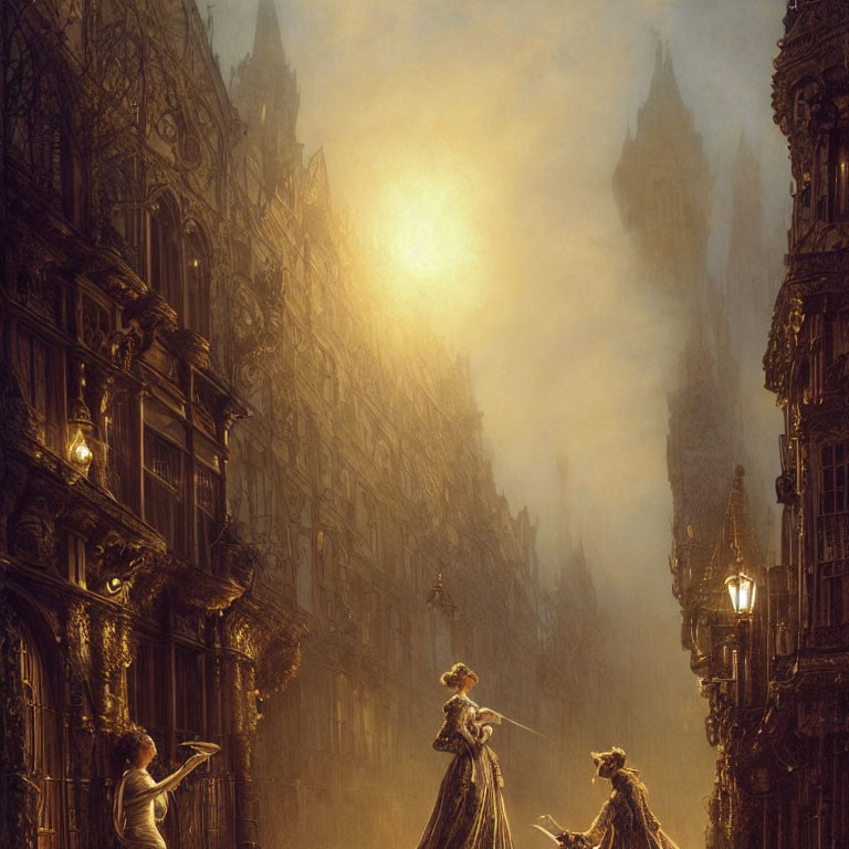 Victorian women in old city scene at sunset with glowing lanterns