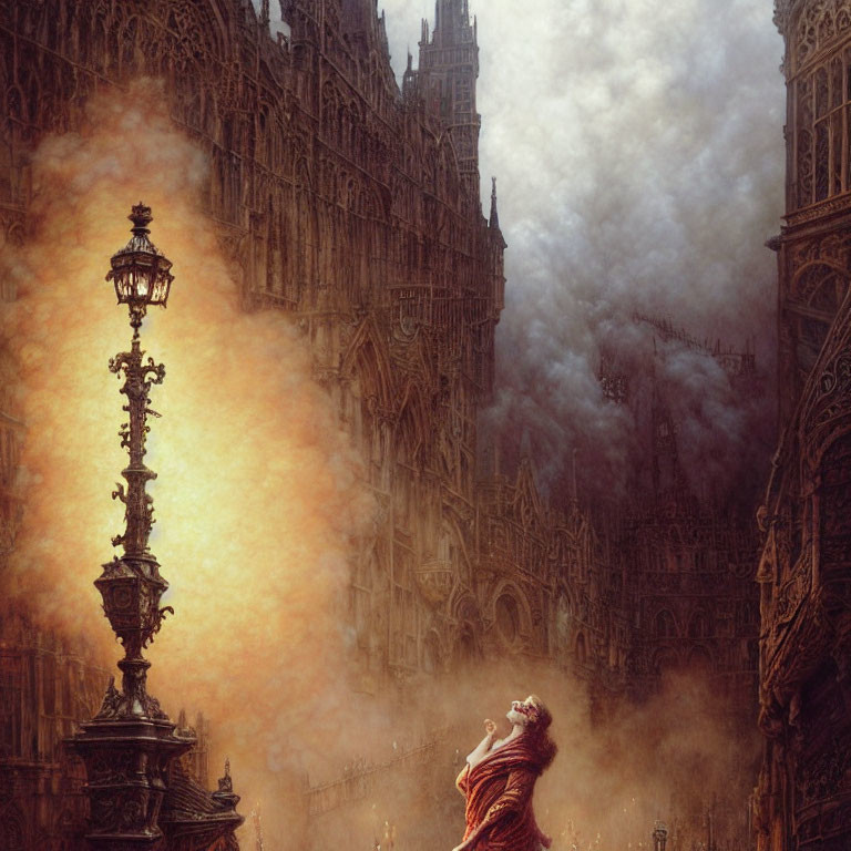 Person in Red Cloak Contemplates Gothic Architecture Under Ethereal Light