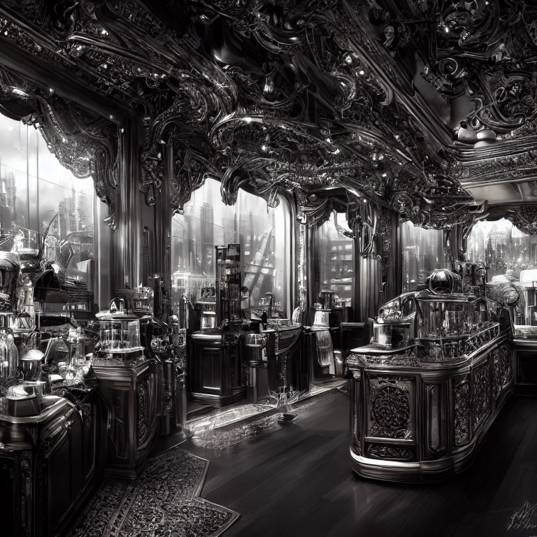 Opulent Baroque black-and-white interior with reflective surfaces