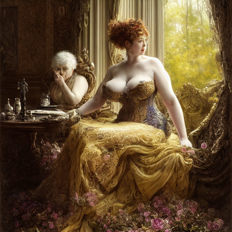 Opulent painting featuring confident woman in gold dress with older woman in background