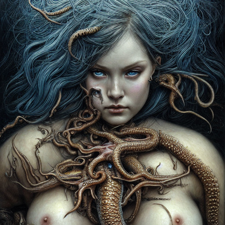 Woman with Blue Hair and Serpentine Octopus Tentacles Artwork