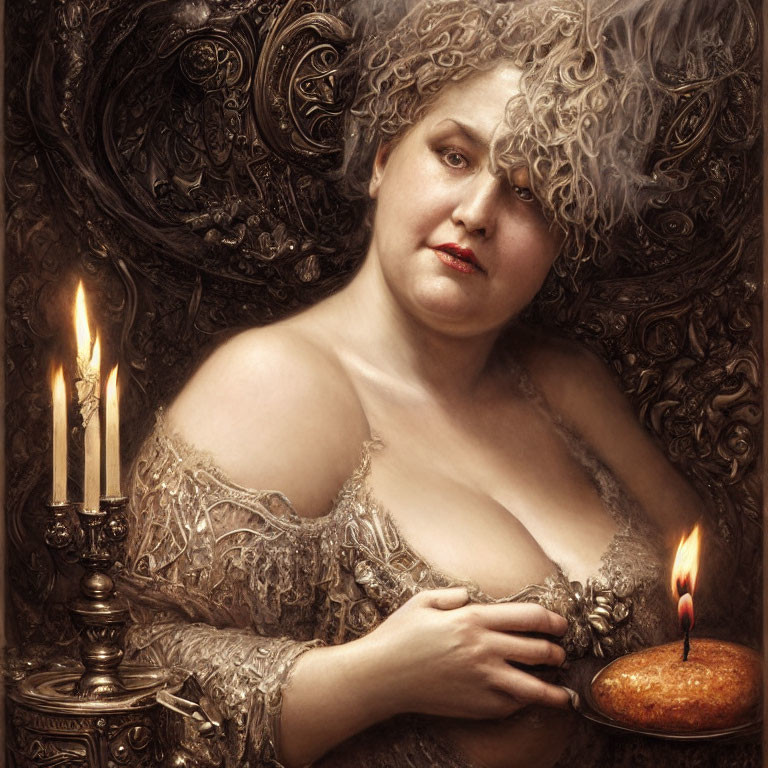 Woman with Candlestick and Cake in Ornate Setting