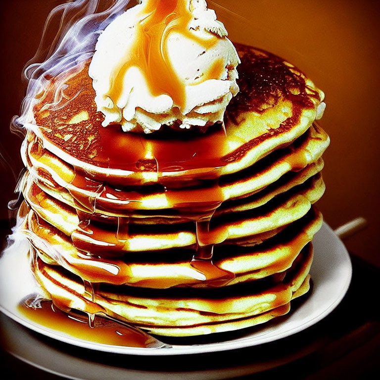 Fluffy Pancakes with Whipped Cream and Syrup on Plate