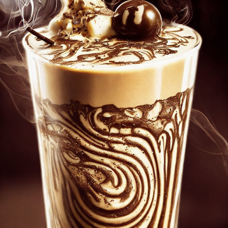 Creamy layered coffee drink with chocolate swirl design and whipped cream.