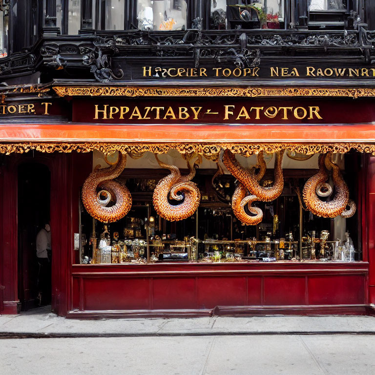 Elaborate Black and Gold Storefront with Octopus Tentacles Display