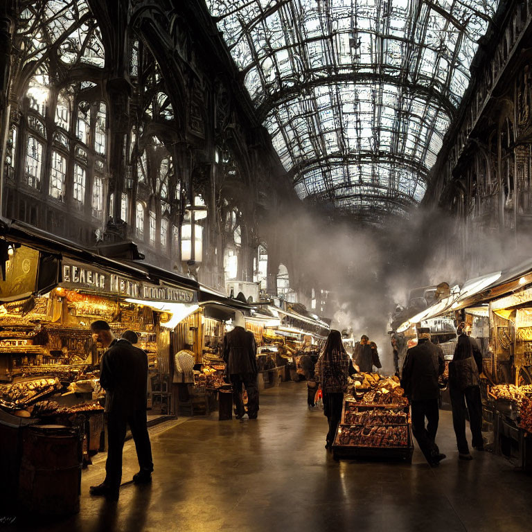 Ornate indoor market with translucent roof and diverse stalls