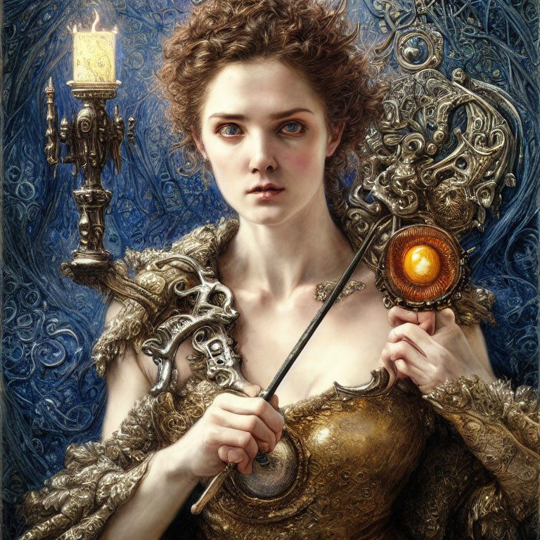 Armored woman with orange gem staff and candle in intricate setting.