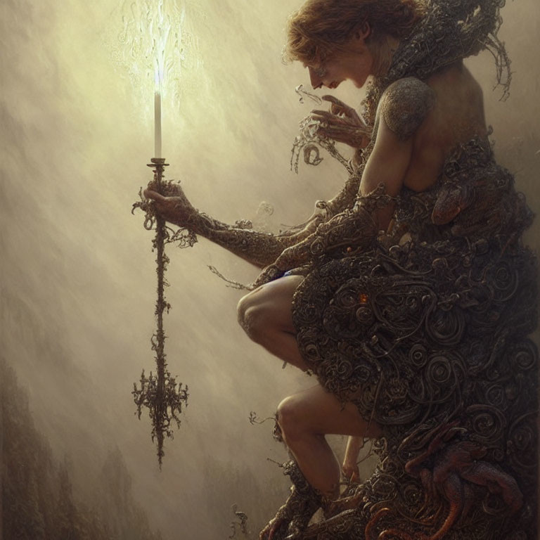 Mystical figure in ornate armor with glowing sword in misty backdrop