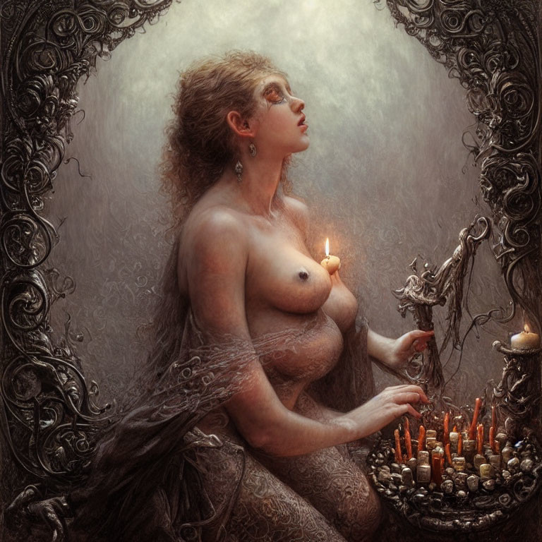 Mystical woman holding a candle surrounded by ornate designs and a pale circle background