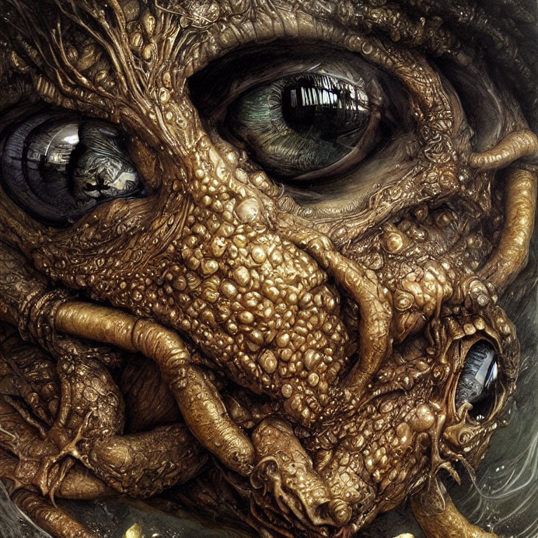 Fantastical creature with multiple eyes and textured skin illustration