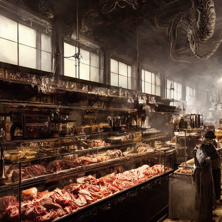 Vintage Butcher Shop with Dark Wooden Shelves and Smoke-Tinged Interior