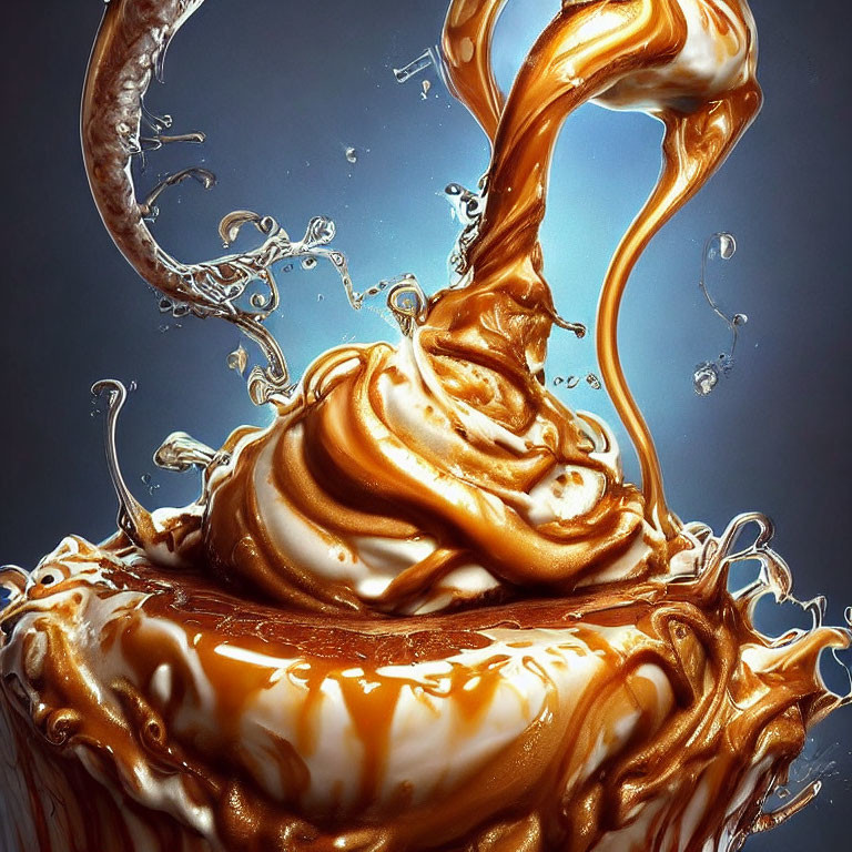 Creamy dessert with dynamic caramel splash and swirling liquid captured in motion